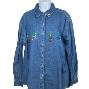 Basic Editions Holiday Womens Large Blue Denim Embroidered Christmas‎ Shirt New